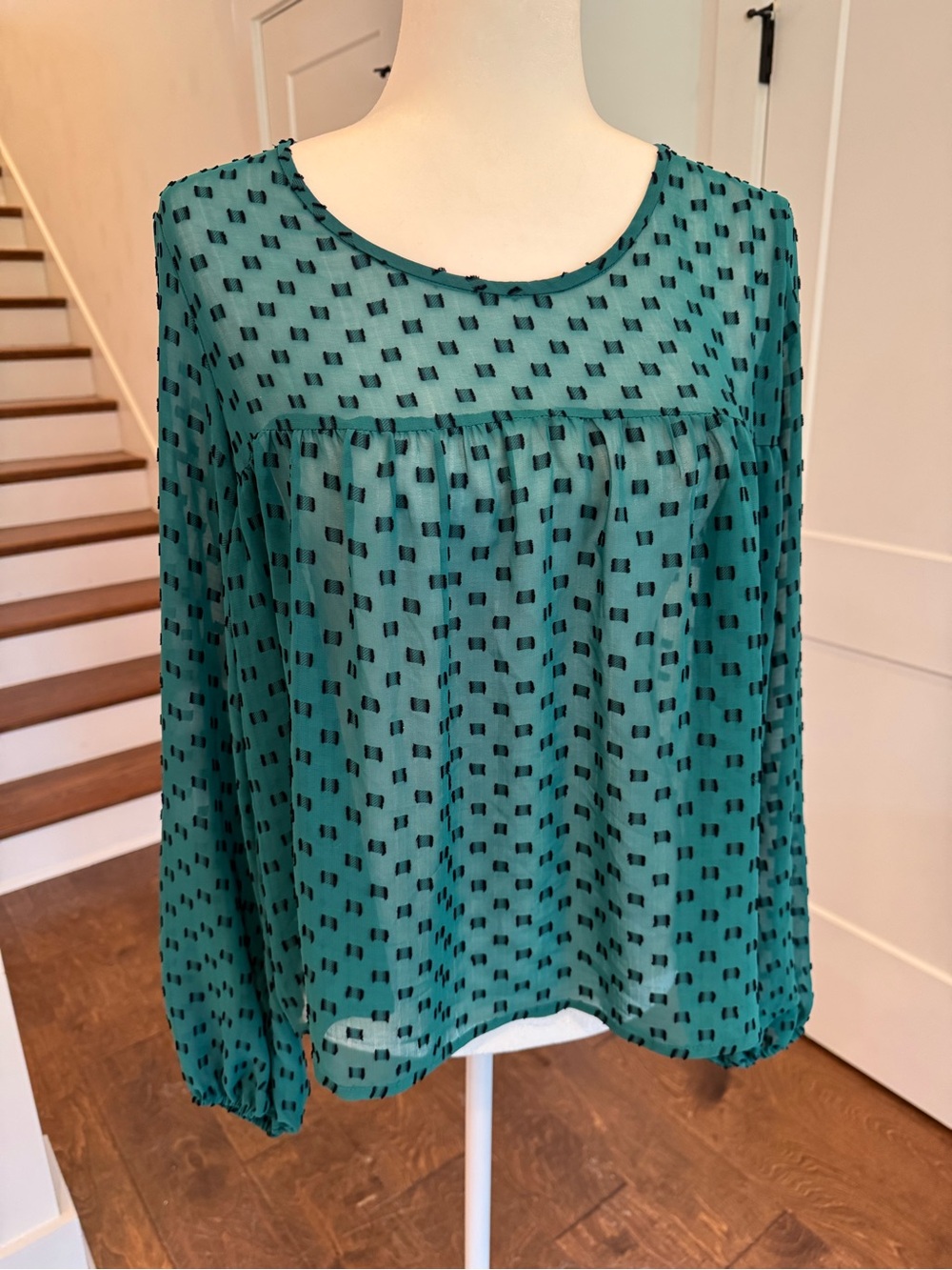 Merona Green Teal Long-Sleeve Sheer Blouse with Black Dot Pattern